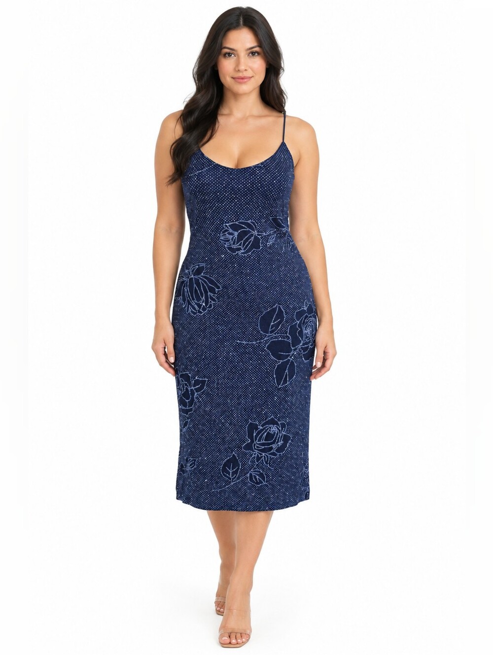 Connected Apparel - Floral Rhinestones Backless Midi Dress